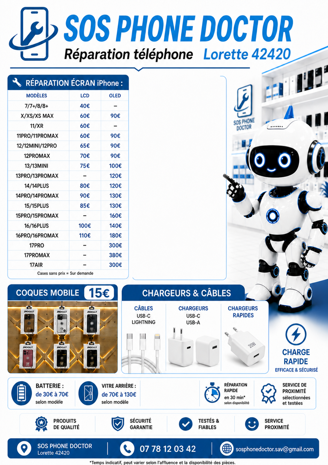Robot SOS Phone Doctor présentant les accessoires mobiles