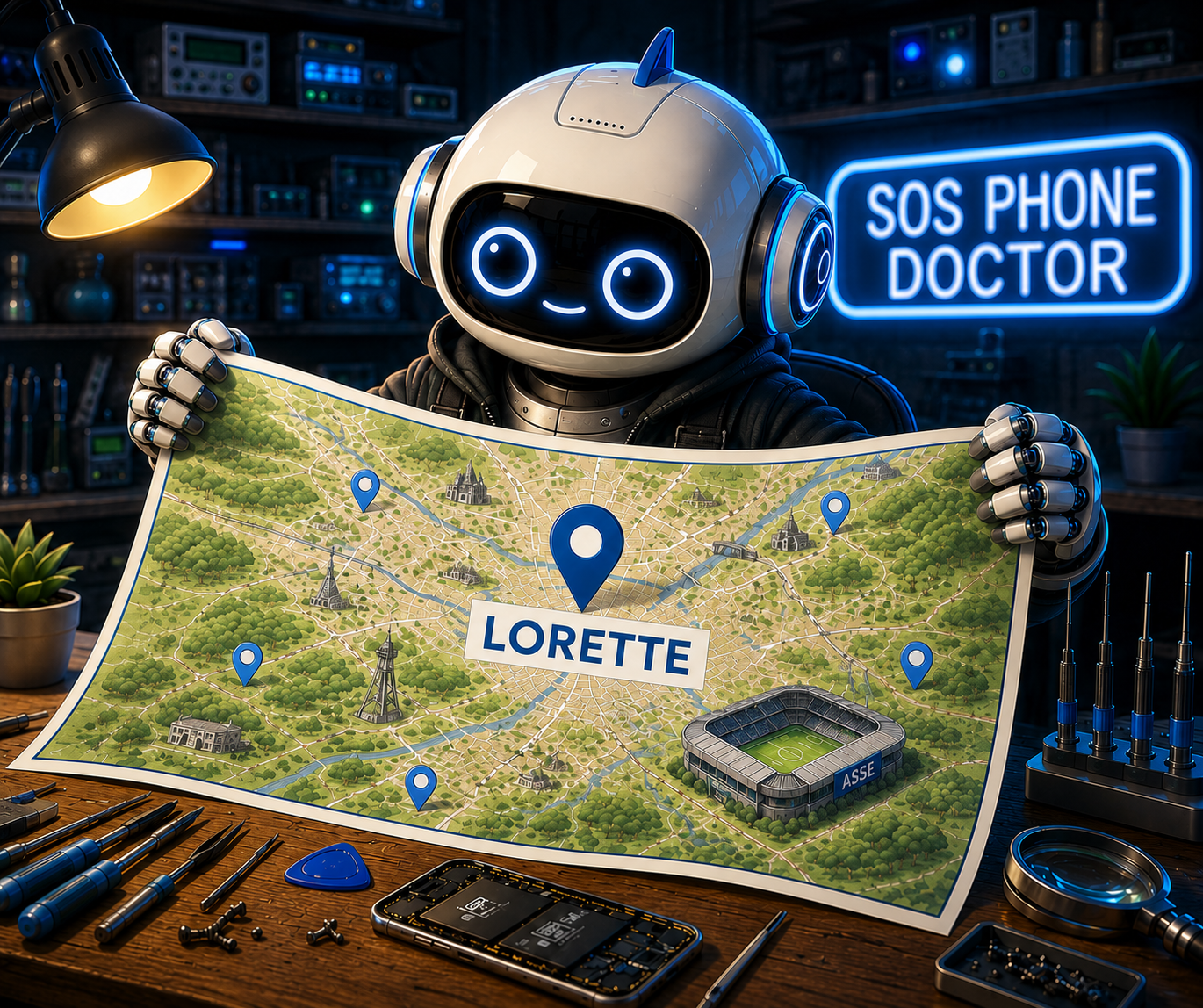 Robot SOS Phone Doctor avec carte de Lorette