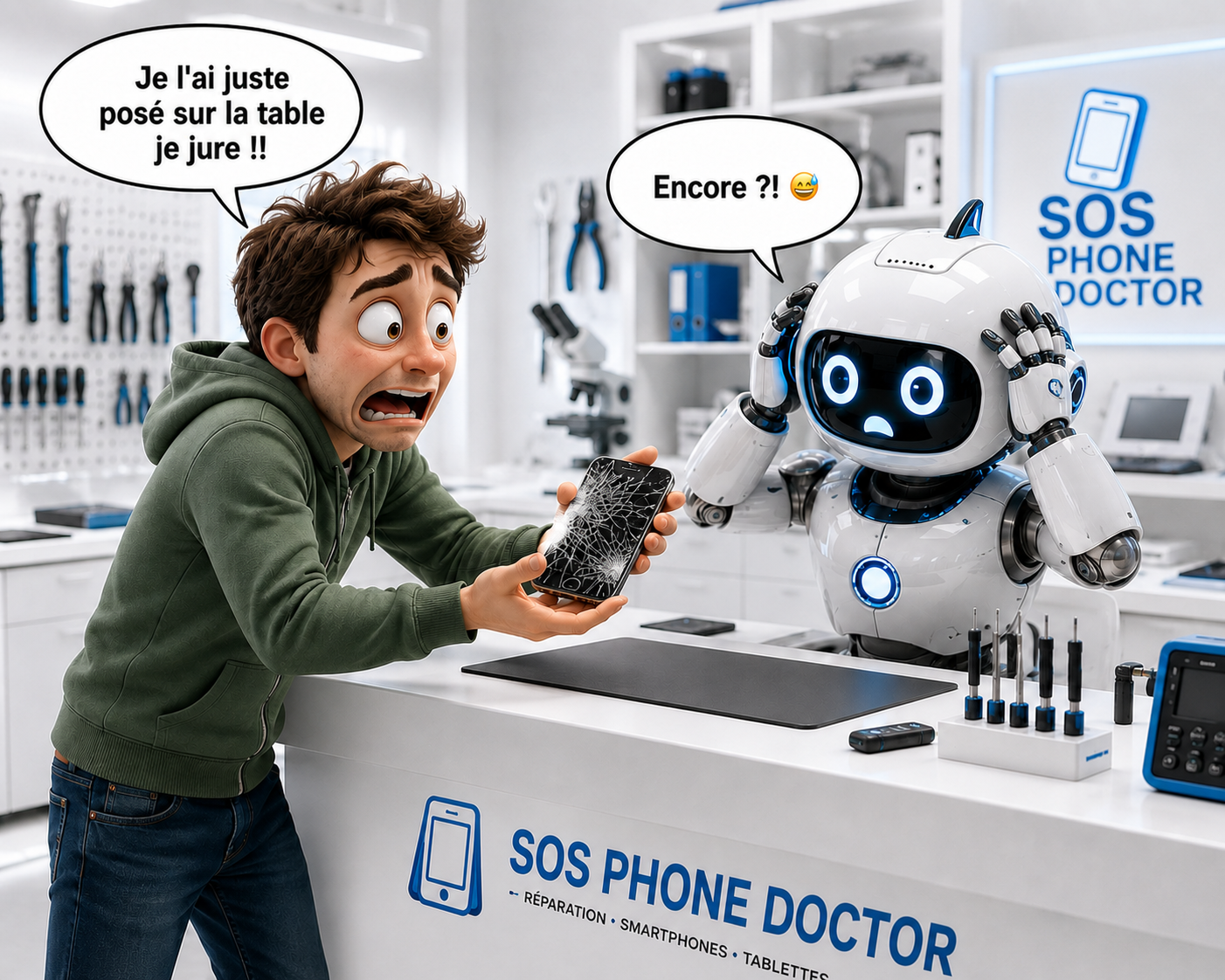 Client avec téléphone cassé chez SOS Phone Doctor