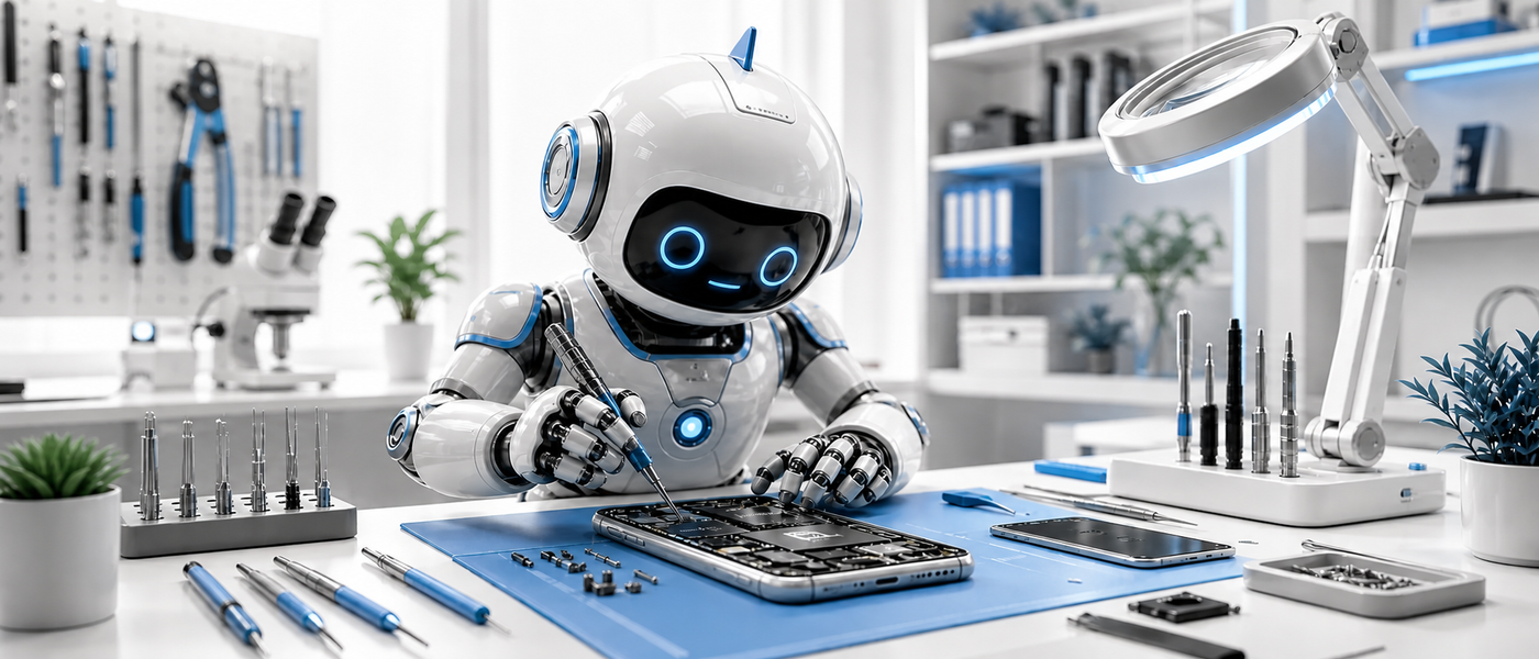 Robot technicien réparant un smartphone